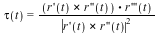 tau(t) = VectorCalculus:-`*`(Typesetting:-delayDotProduct(Typesetting:-delayCrossProduct(eval(diff(r(x), x), x = t), eval(diff(r(x), x, x), x = t)), eval(diff(r(x), x, x, x), x = t)), `/`(1, `*`(`^`(a...