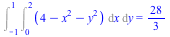 Int(Int(`+`(4, `-`(`*`(`^`(x, 2))), `-`(`*`(`^`(y, 2)))), x = 0 .. 2), y = -1 .. 1) = `/`(28, 3)