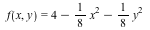 f(x, y) = VectorCalculus:-`+`(VectorCalculus:-`+`(4, VectorCalculus:-`-`(VectorCalculus:-`*`(`/`(1, 8), `*`(`^`(x, 2))))), VectorCalculus:-`-`(VectorCalculus:-`*`(`/`(1, 8), `*`(`^`(y, 2)))))