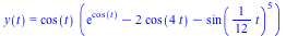 y(t) = `*`(cos(t), `*`(`+`(exp(cos(t)), `-`(`*`(2, `*`(cos(`+`(`*`(4, `*`(t))))))), `-`(`*`(`^`(sin(`+`(`*`(`/`(1, 12), `*`(t)))), 5))))))