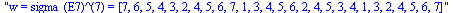 w = sigma_(E7)^(7) = [7, 6, 5, 4, 3, 2, 4, 5, 6, 7, 1, 3, 4, 5, 6, 2, 4, 5, 3, 4, 1, 3, 2, 4, 5, 6, 7]