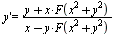 diff(y(x), x) = `/`(`*`(`+`(y(x), `*`(x, `*`(F(`+`(`*`(`^`(x, 2)), `*`(`^`(y(x), 2)))))))), `*`(`+`(x, `-`(`*`(y(x), `*`(F(`+`(`*`(`^`(x, 2)), `*`(`^`(y(x), 2))))))))))